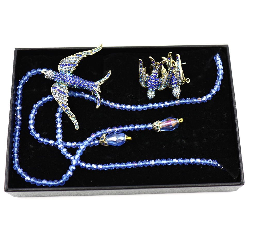 B5 Flawless HEIDI DAUS Blue Swallows Crystal Necklace CLIP Earrings Pin 3 Pc SET